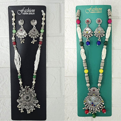 Di0047 Navratri Intricate Oxidized Silver Floral & Jali Necklace with Beaded Earings