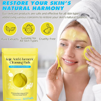 AM5417 Turmeric Kojic Acid Cleansing Pads, 60 Count Turmeric and Kojic Acid Pads, Mild and Non-irritating, Suit for All Skin Types 60 Pcs Kojic Acid Turmeric Cleansing Pads