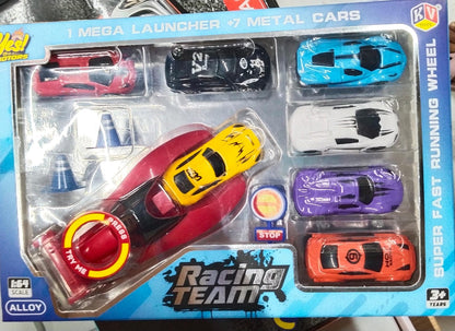 A06488 Racing Team 7-Piece Die-Cast Metal Car Set with Mega Launcher