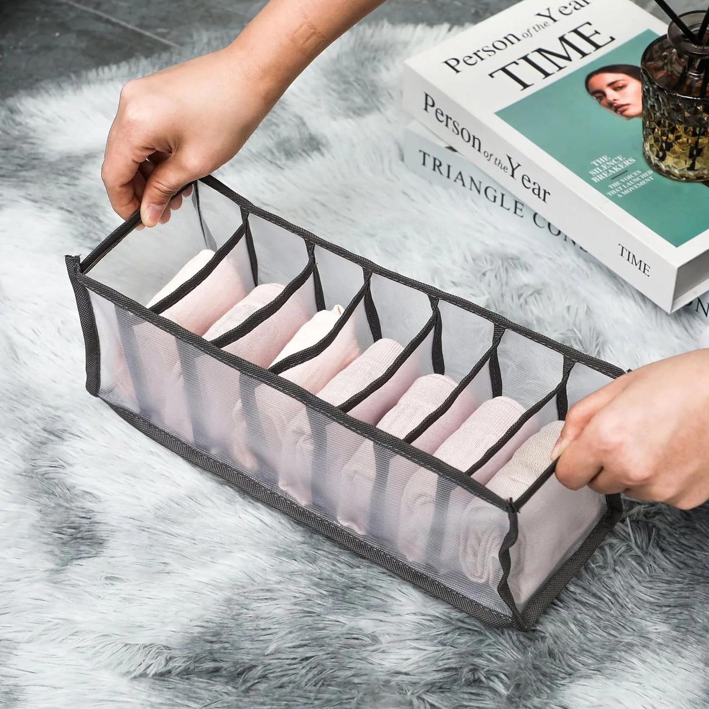 AM7640 Henfang Foldable Mesh Drawer Organizer Grid Storage Box For Bras and Clothes, 7 Compartments