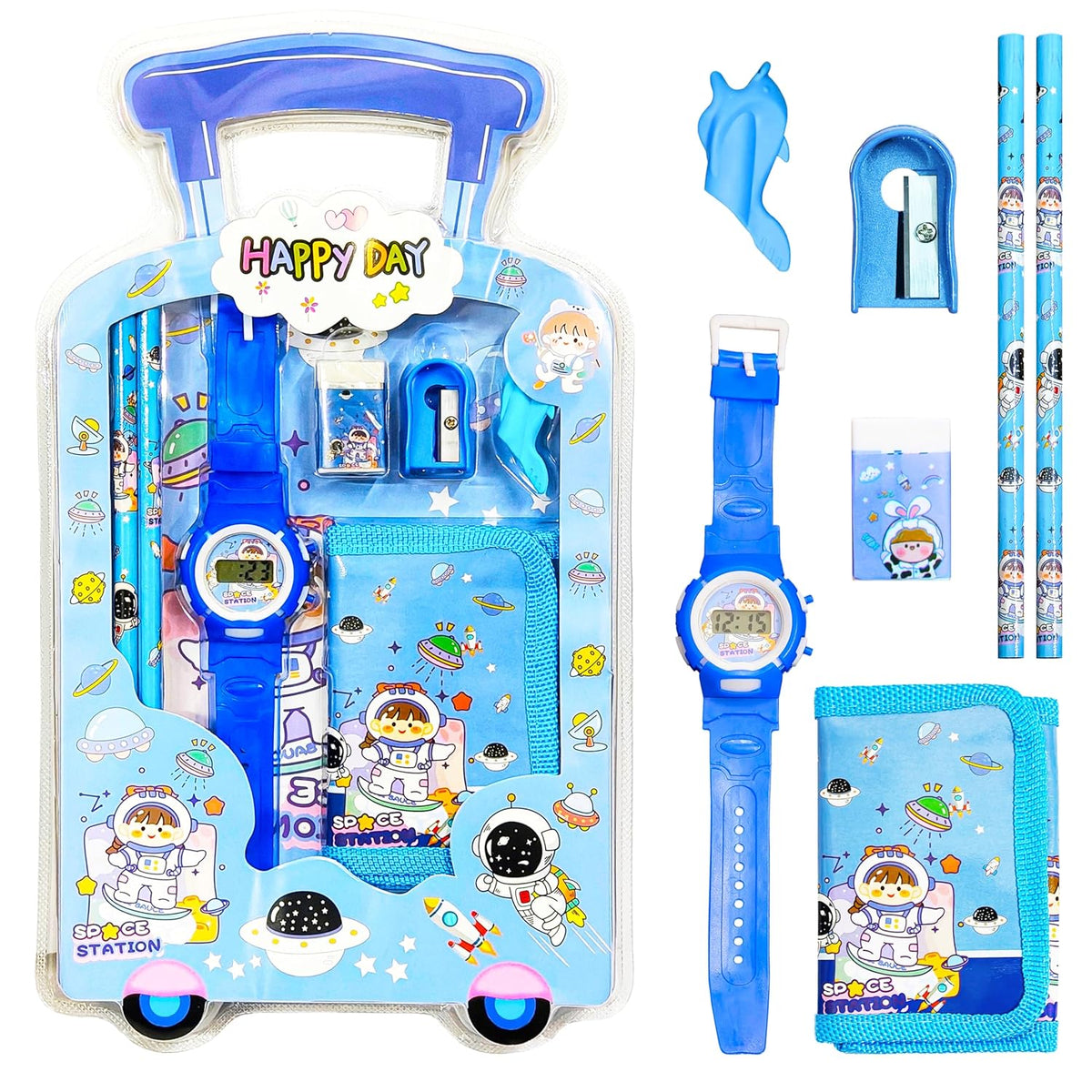 A06898 Blister Kids Stationery Gift Set with Digital Wrist Watch (Pencils, Wallet, Eraser & Sharpener)