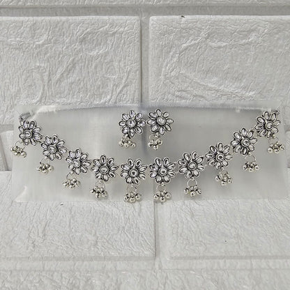 Di0048 Oxidized Silver Flower Choker Necklace with Earrings