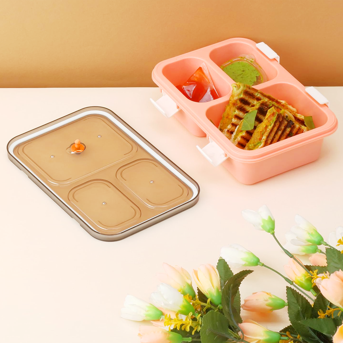 AM5603 Tokyo 3 Compartment Plastic Lunch Box with Water Bottle for Boys, Girls, School & Office Men