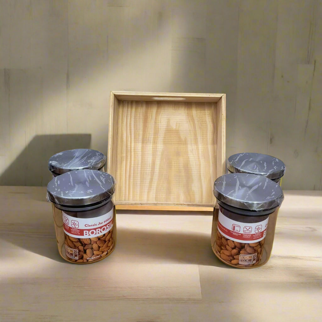 AM5171 Borosil Classic Jars With Wooden Tray - 4Pcs (600 ml Each)