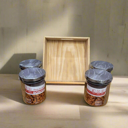 AM5171 Borosil Classic Jars With Wooden Tray - 4Pcs (600 ml Each)