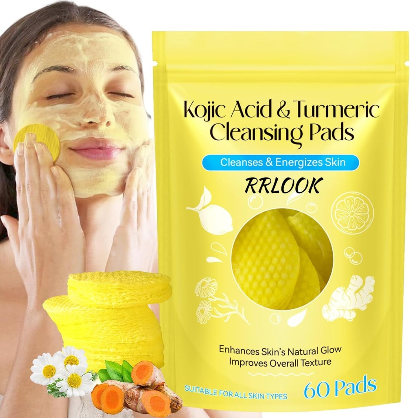 AM5417 Turmeric Kojic Acid Cleansing Pads, 60 Count Turmeric and Kojic Acid Pads, Mild and Non-irritating, Suit for All Skin Types 60 Pcs Kojic Acid Turmeric Cleansing Pads