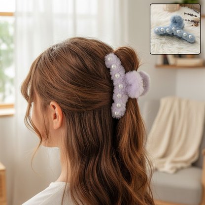 AM6377 Fuzzy Mix Colour hair claw clip with pearl accents - 1pc