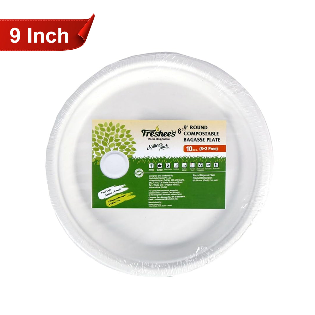 AM5734 Freshee Compostable Bagasse Round Plates (9inch, Pack of 10pc) Food Plate for Party, Wedding, Snack, Dinner
