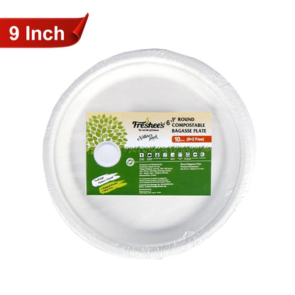 AM5734 Freshee Compostable Bagasse Round Plates (9inch, Pack of 10pc) Food Plate for Party, Wedding, Snack, Dinner