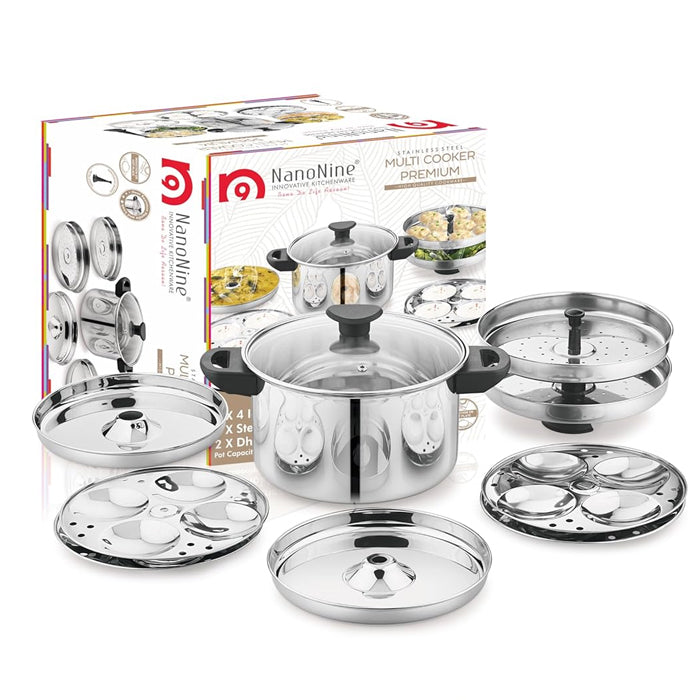 AM2232 NanoNine Stainless Steel Multi Cooker, Idli/Dhokla/Momos Maker & Steamer (16idlis,2 Patra Plates, 1 Mini Idli Plate)