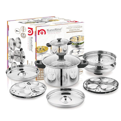 AM2232 NanoNine Stainless Steel Multi Cooker, Idli/Dhokla/Momos Maker & Steamer (16idlis,2 Patra Plates, 1 Mini Idli Plate)