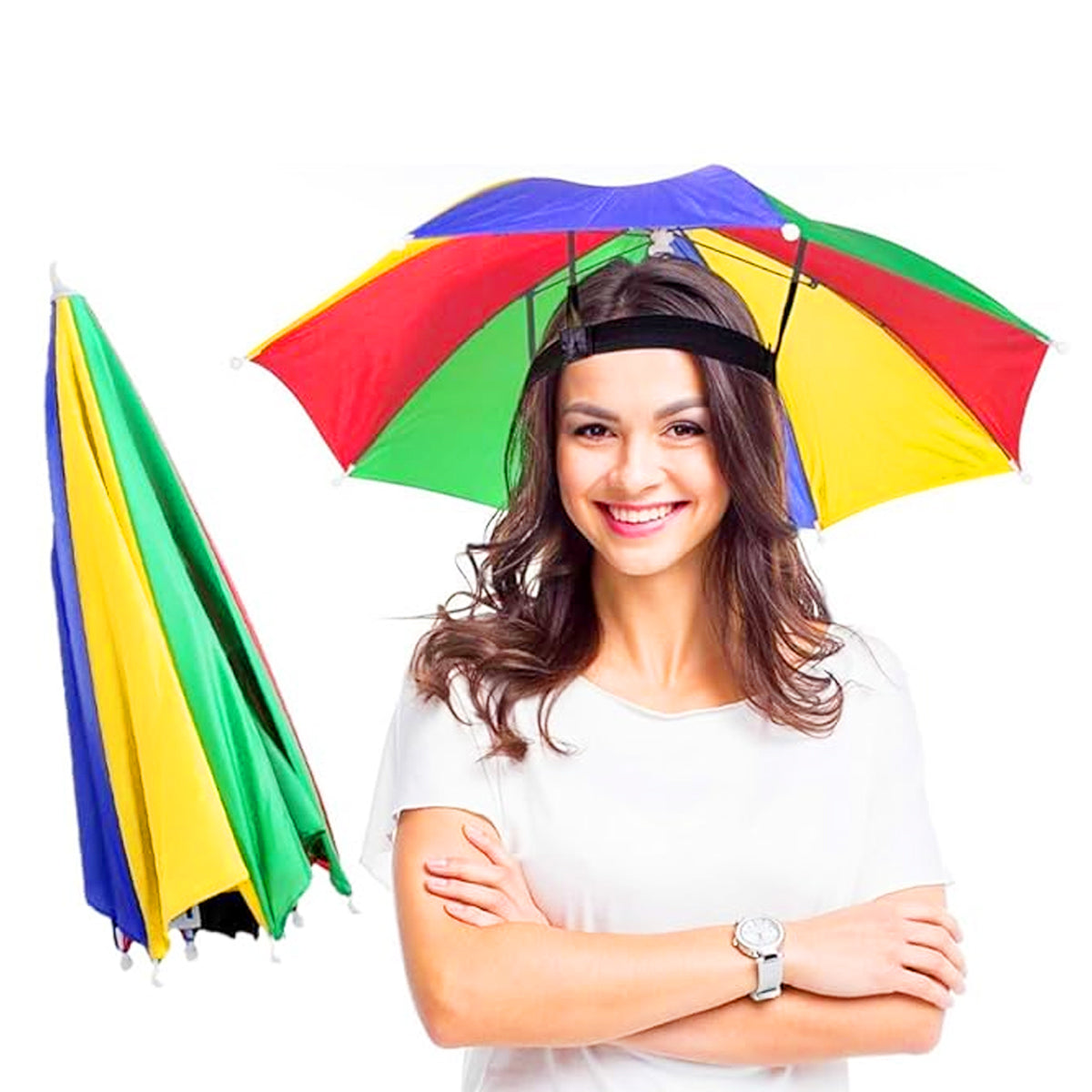 AM5607 Rainbow Umbrella Hat, Hand Free Umbrella for Adults and Kids - Waterproof and Lightweight Cap Umbrella