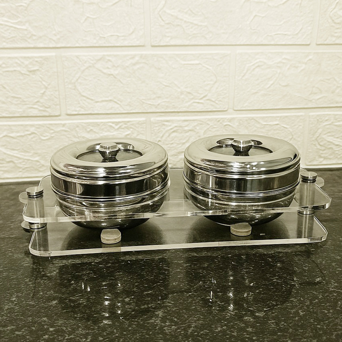 AM6003 Madhuram Stainless Steel Dry Fruit Set – 2 Pcs with Transparent Acrylic Stand