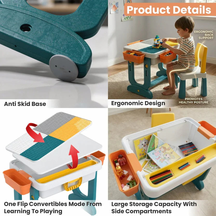 A06747 Multifunctional Kids Building Block Table & Chair Set with Storage Bins