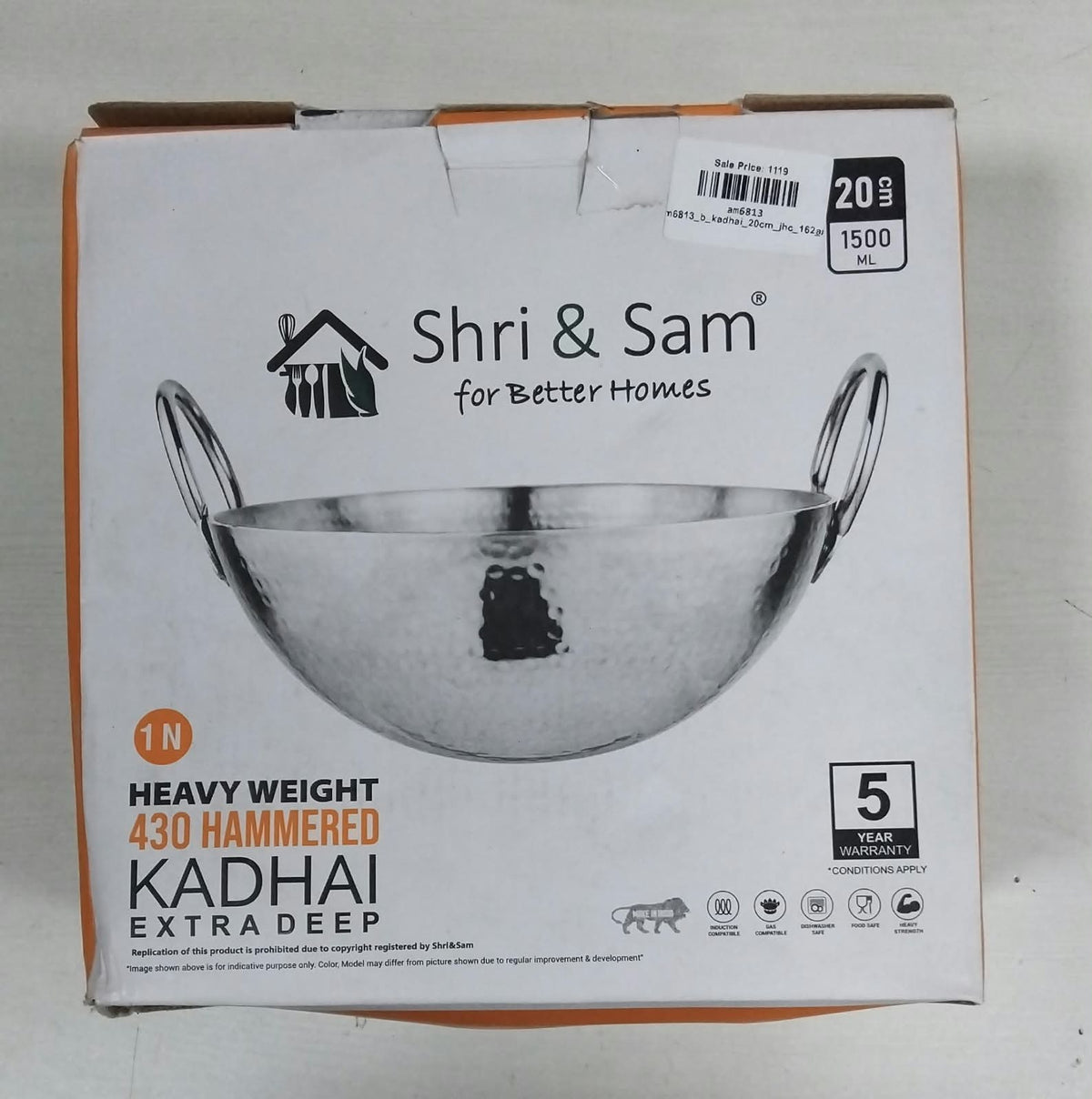 AM6813 Stainless Steel Heavy Weight Hammered Kadhai, 2.5 mm,20 cm, 1.1 Kg, 1.5 Litre