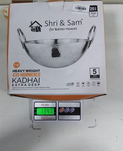 AM6813 Stainless Steel Heavy Weight Hammered Kadhai, 2.5 mm,20 cm, 1.1 Kg, 1.5 Litre