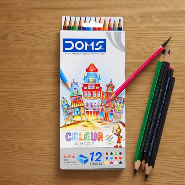 AM5043 DOMS 12 Shades Color Pencils | Hexagonal Shaped Body For Comfortable Grip | Bright and Playful Colors