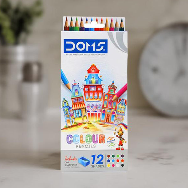 AM5043 DOMS 12 Shades Color Pencils | Hexagonal Shaped Body For Comfortable Grip | Bright and Playful Colors