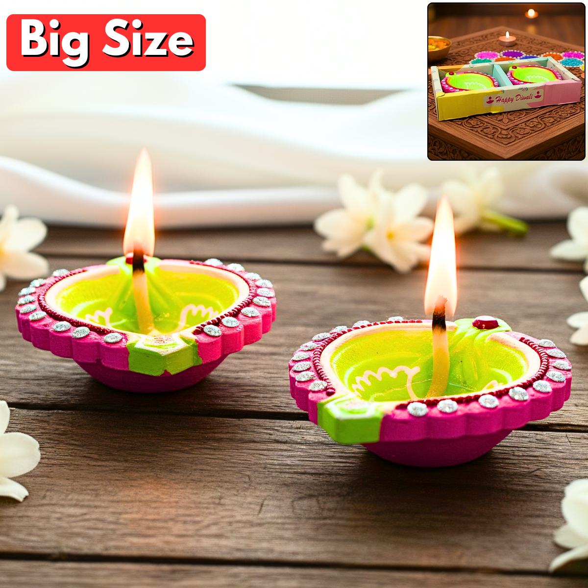Di0383 Decorative Diwali Big Diyas Set of 2 â€“ Multidesign Handcrafted