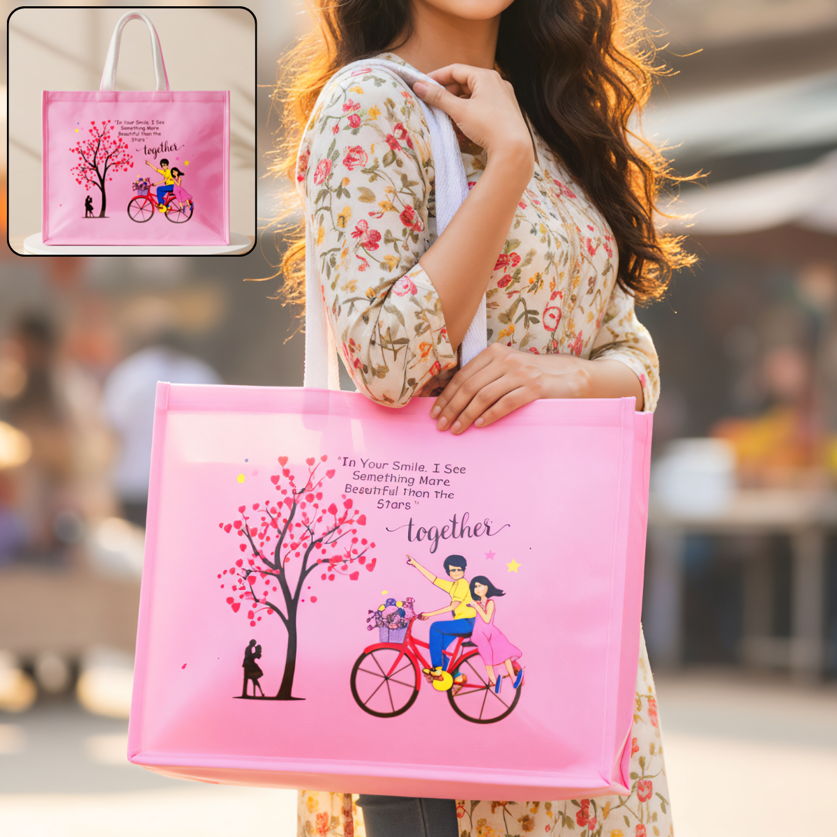 AM6281 Big Love Theme Pink Jute Bag - Reusable Shopping & Gift Carry Bag