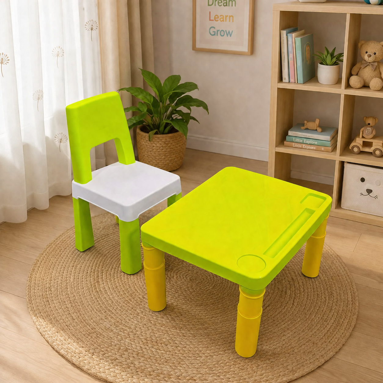 A06748 Vibrant Plastic Kids Study Table and Chair Set with Built-in Storage Holders
