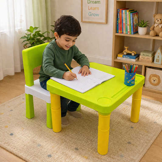 A06748 Vibrant Plastic Kids Study Table and Chair Set with Built-in Storage Holders