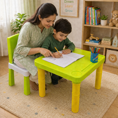 A06748 Vibrant Plastic Kids Study Table and Chair Set with Built-in Storage Holders
