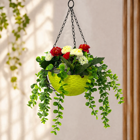 A06689 Artificial Hanging Plant Basket with Trails & Flowers for Home & Garden Decor