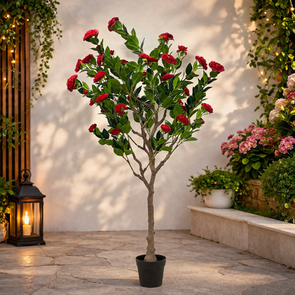 A06682 Artificial Red Rose Flowering Tree in Black Pot