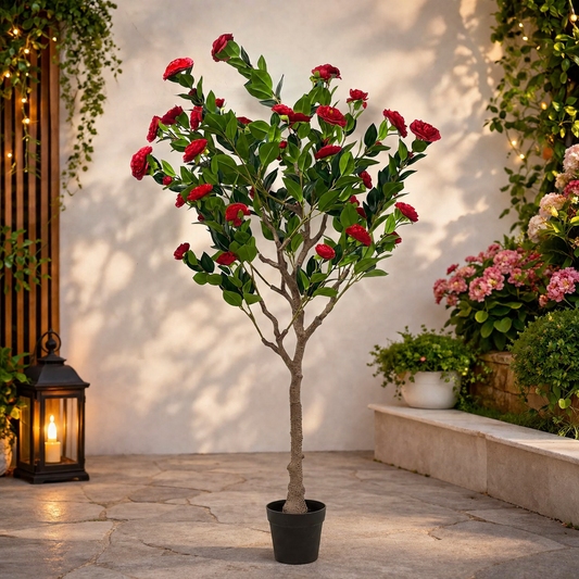 A06682 Artificial Red Rose Flowering Tree in Black Pot