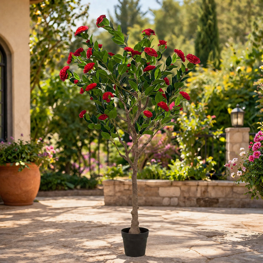 A06682 Artificial Red Rose Flowering Tree in Black Pot