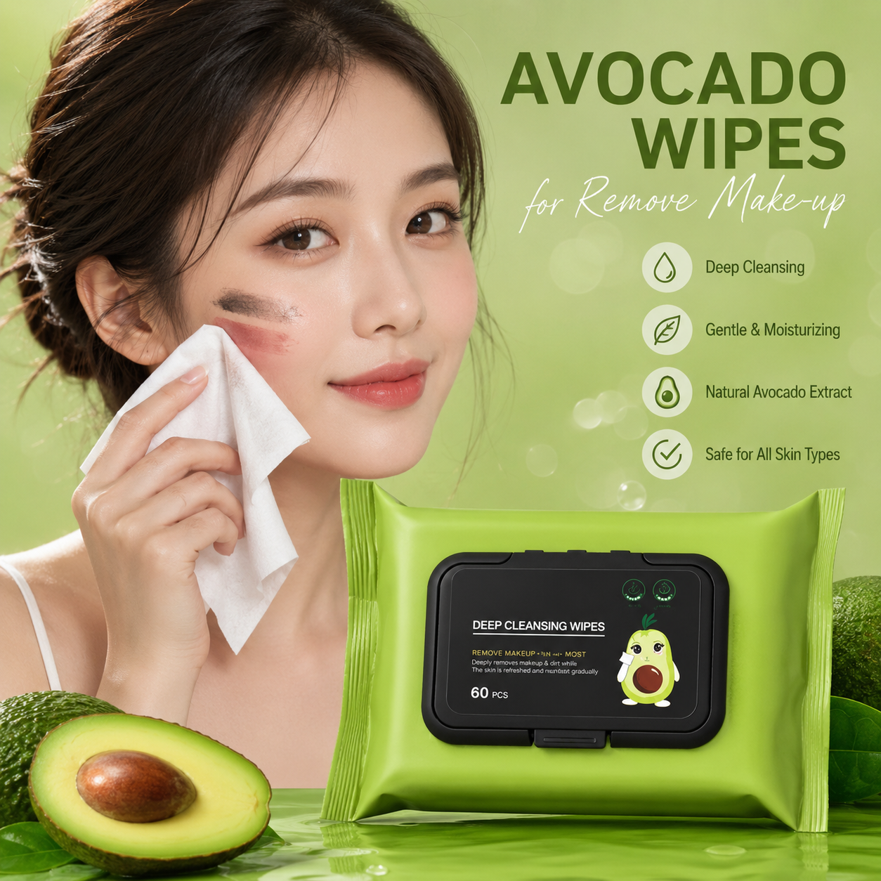 AM7434 Avocado Plant Extract Makeup Remover Wipes (60 series)