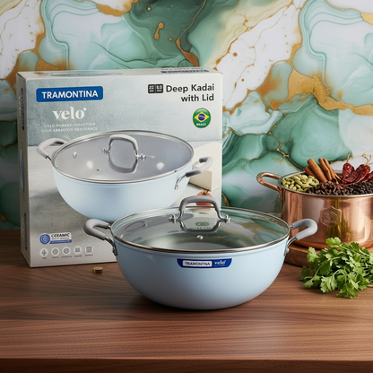 AM7389 Tramontina Velo 32cm Ceramic Non-Stick Deep Kadai with Glass Lid (Sea)