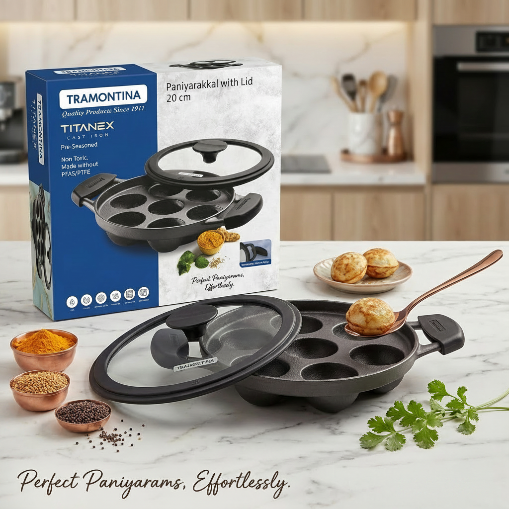 AM7404 Tramontina TITANEX Pre-Seasoned Cast Iron Paniyarakkal with Glass Lid (20 cm)