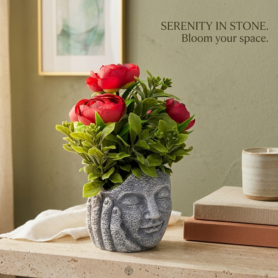 AM7451 Artificial Red Rose Plant in Meditating Face Decorative Resin Pot