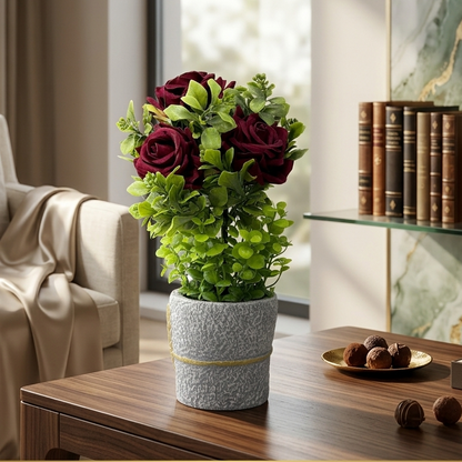 AM7452 Artificial Dark Red Rose & Mixed Greenery in Golden Feather Textured Pot
