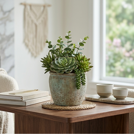 AM7448 Mini Faux Succulent Arrangement in Rustic Ribbed Ceramic Pot