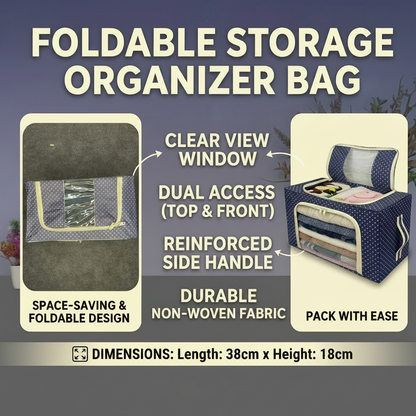 AM7717 Foldable Steel Frame Cloth Organizer for Wardrobe Organizer for Storage Sarees, Shirts, Blankets, Clothes Storage Box with Handle