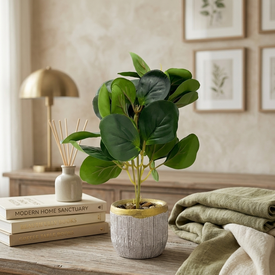 AM7453 Artificial Eucalyptus Money Plant in Gold-Rimmed Textured Pot