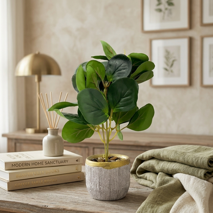 AM7453 Artificial Eucalyptus Money Plant in Gold-Rimmed Textured Pot