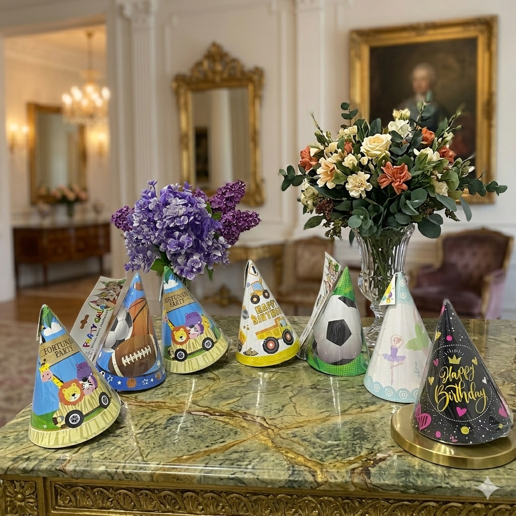 AM7686 Vibrant Multi Theme Birthday Party Cone Hats Pack of 6 for Kids Celebrations
