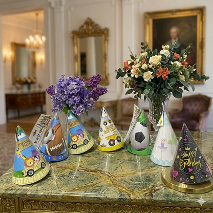 AM7686 Vibrant Multi Theme Birthday Party Cone Hats Pack of 6 for Kids Celebrations