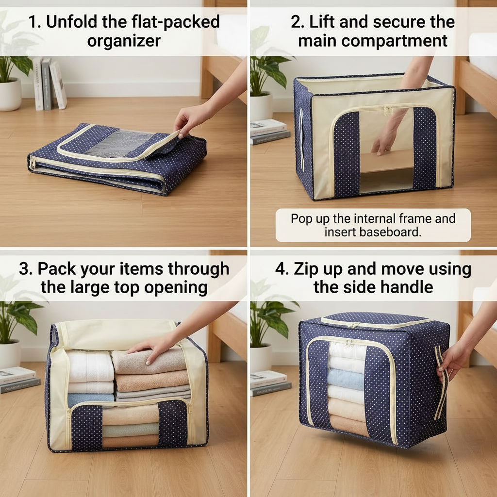 AM7717 Foldable Steel Frame Cloth Organizer for Wardrobe Organizer for Storage Sarees, Shirts, Blankets, Clothes Storage Box with Handle