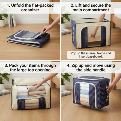 AM7717 Foldable Steel Frame Cloth Organizer for Wardrobe Organizer for Storage Sarees, Shirts, Blankets, Clothes Storage Box with Handle