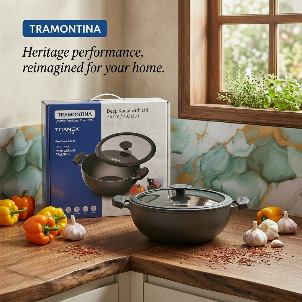 AM7407 Tramontina TITANEX Pre-Seasoned Cast Iron Deep Kadai with Lid (26 cm)