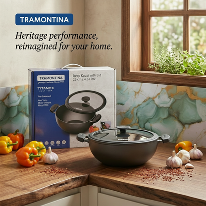 AM7407 Tramontina TITANEX Pre-Seasoned Cast Iron Deep Kadai with Lid (26 cm)