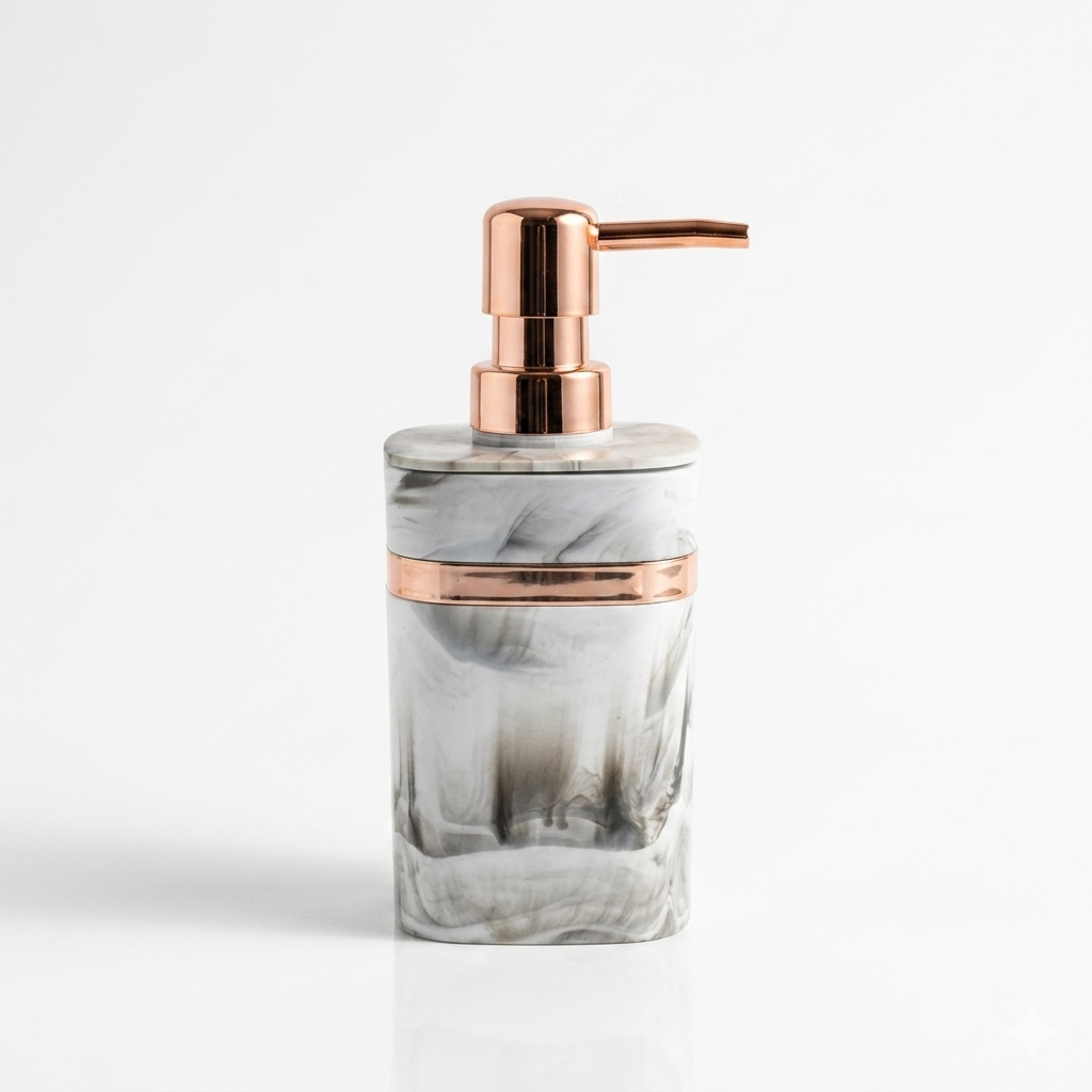 AM7786 ELEGANT MARBLE PATTERN SOAP DISPENSER WITH ROSE GOLD ACCENTS FOR MODERN BATHROOM DECOR