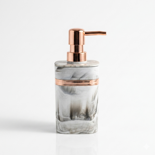 AM7786 ELEGANT MARBLE PATTERN SOAP DISPENSER WITH ROSE GOLD ACCENTS FOR MODERN BATHROOM DECOR