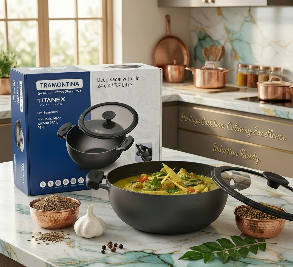 AM7412 Tramontina TITANEX Pre-Seasoned Cast Iron Deep Kadai with Lid (24 cm)