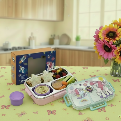 AM7372 JC Kids’ Stainless Steel 3-Compartment Insulated Lunch Box with Unicorn Theme